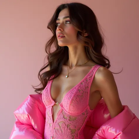 dynamic Angle, an hour glass figure Pakistani Pathan female model with tanned skin and brown hair, pink Translucent H-silhouette dress with a fuchsia lace bodysuit on the inside with a puffer fabric shawl. Body cristal  strass. Hyperrealista 8k.
