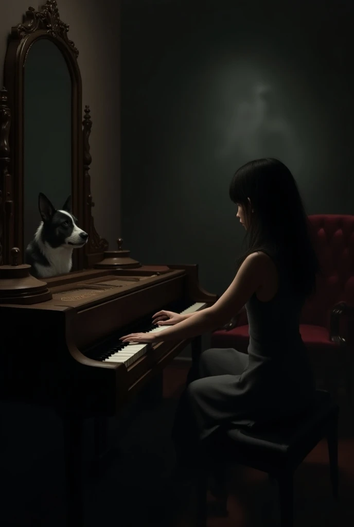 

Vignette 2: text: One day, while Emma was playing the piano ,  Toby the dog saw a dark figure that appeared in the mirror behind her.  She uses the same dog in the previous image  

