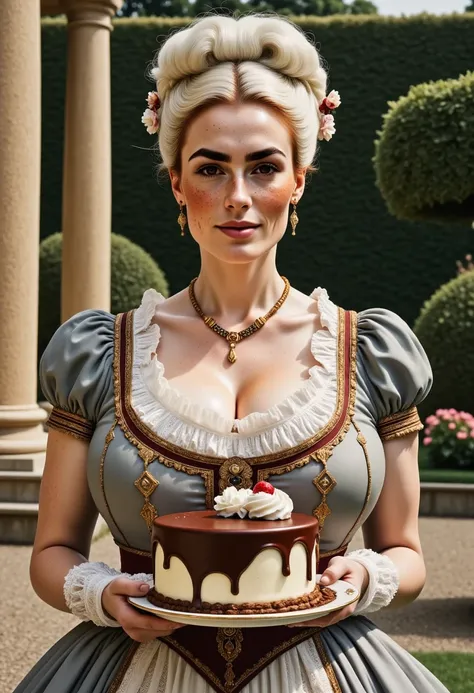 Photorealistic, cinematic style, a picture of a beautiful British woman dressed as (Marie Antoinette) Holding up a plate with a large piece of cake. She has a (White powdered wig:1.5), Shes got brown eyes, downturned eye shape, whitish pale skin and freckl...