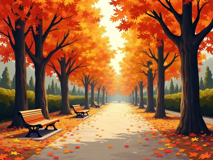 Autumn park scene: Tall trees with multicolored foliage, pathways covered with leaves, and benches. The artwork features warm tones: orange, red, yellow, with hints of brown. Bold strokes convey texture and movement