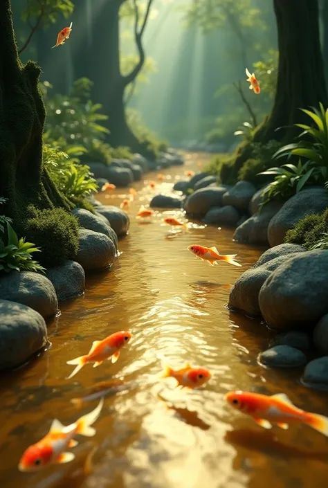 A river of mercury in nature with goldfish