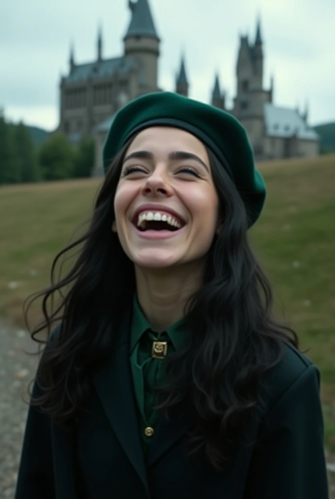  make a Hogwarts girl from Slytherin laughing, She wears a beret 