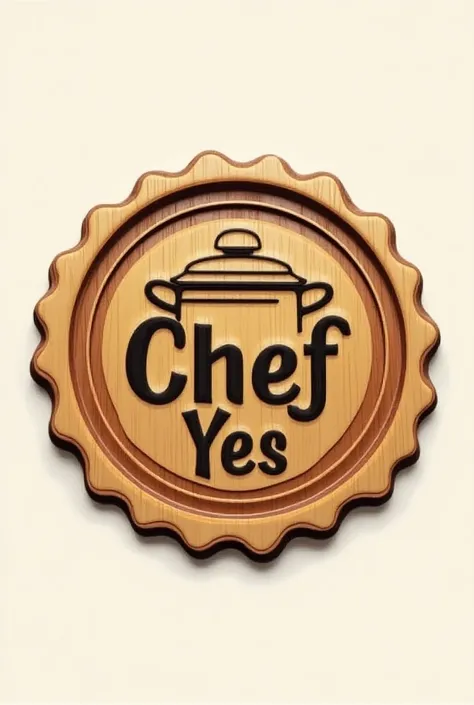 " Create a logo that mimics the design of a round wooden seal with wavy edges , similar to a wafer or medal .  The center of the seal must have the word Chef with a stylized pot ,  logo where the pot lid forms a curved line over the word .  Add the word Ye...