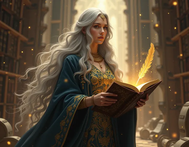 saga,  the Goddess of History and Memory ,  appears as a serene and wise figure ,  wrapped in a deep velvet cloak ,  float around Saga with golden embroidery that represent intertwined time lines .  Her hair is long and silvery ,  flowing as if it were wov...