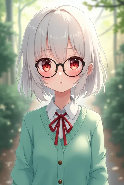 Eris is a girl with short wavy pearly white hair, ruby ​​red eyes, pink lips, porcelain white skin, a slim build, and medium-sized breasts. She wears black glasses and a Japanese schoolgirl uniform with a large mint green sweater. Anime style