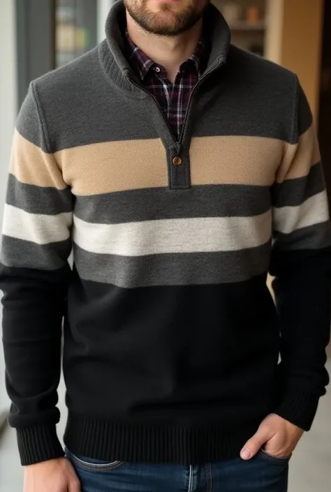 mens sweater with sipper.It wears 5 combined colors , The bottom has a black color of about 25 cm ,  then an oxford-gray stripe of about 5 cm . Then a beige stripe of about 12 cm .  Then a light gray stripe of about 5 cm. And in the final part of the top i...