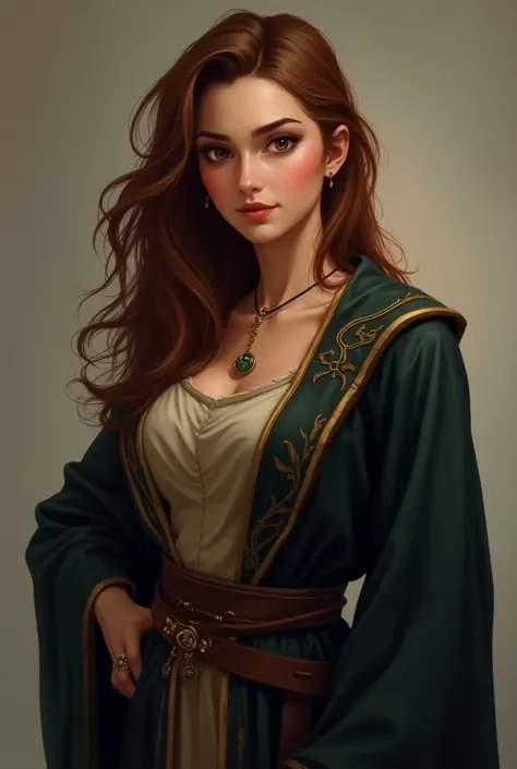 A young woman with long, wavy chestnut brown hair that flows freely, slightly messy in a carefree way. She has bright amber eyes full of warmth and curiosity. Her figure is curvy, with slightly larger breasts, giving her a youthful yet confident appearance...