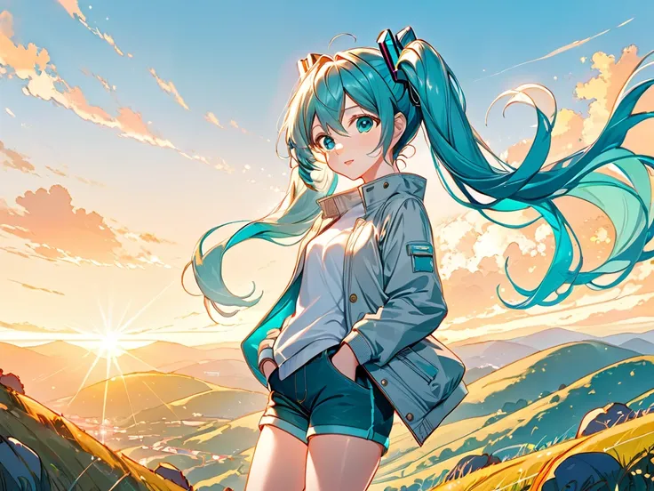 (masterpiece:1.2), (best quality:1.2), (digital illustration:1.2), intricate details, (1girl:1.3), (Hatsune Miku:1.4), (full-body portrait:1.2), (standing on a hilltop during golden hour:1.2), (hands in pockets of light gray jacket:1.2), (light gray jacket...