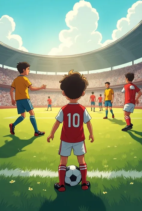  A 6-bullet comic with this 
 
Vignette 1:
 
- Image: A soccer field with a group of s playing a game. a , "Lucas", wearing the number 10 jersey, He is on the bench,  with an expression of sadness .
- Text: "Lucas always wanted to play, but he was the smal...