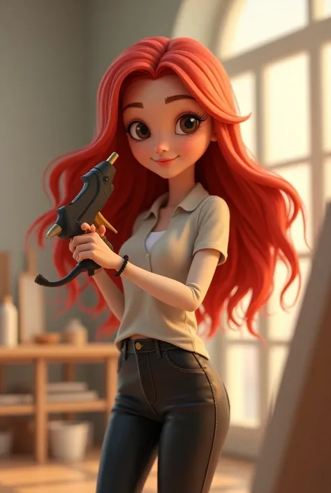 woman with long red hair ,stylish, With a hot glue gun in your hand animation 