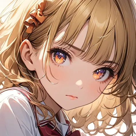 (  very delicate and beautiful  : 1.2),  1 girl,  fashionable girl , bangs, Beautiful eyes, bow, Brown Hair,  closed mouth,  sideways, Hair between the eyebrows, hair bow,   short sleeve ,  stare at viewers, curly hair, Alone,  upper body,  school uniform:...