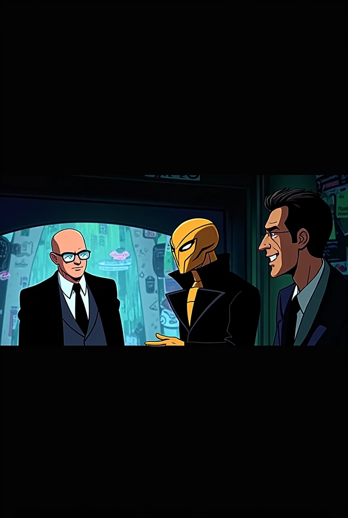 Create a funny cartoon of Lex Luthor from DC and Doctor Fate from Marvel and Doctor Gabriel (Who is a scientist with a black tailcoat and yellow contact lenses )  with both interacting with each other in a comical and funny way asking each other silly and ...