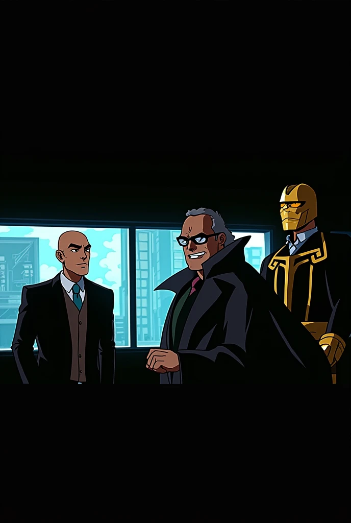 Create a funny cartoon of Lex Luthor from DC and Doctor Fate from Marvel and Doctor Gabriel (Who is a scientist with a black tailcoat and yellow contact lenses )  with both interacting with each other in a comical and funny way asking each other silly and ...