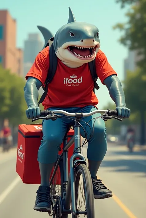 Shark wearing a red t-shirt written by Padinho, riding a bike, with a red Ifood backpack on the back written Ifood Porto Alegre