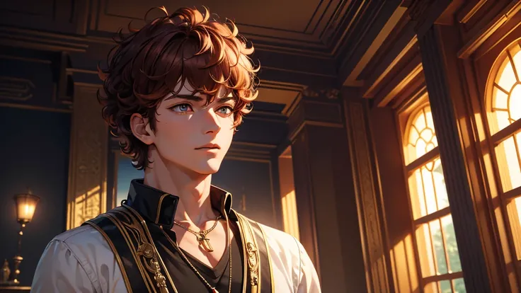 masterpiece, best quality:1.2), masterpiece, high quality, beautiful graphics, high detail, ultra detailed, cinematic lighting, HDR, ilustration, Man design, anime 4k, Young man with weak red eyes, brown curly hair, necklace with sun pendant, black clothes...