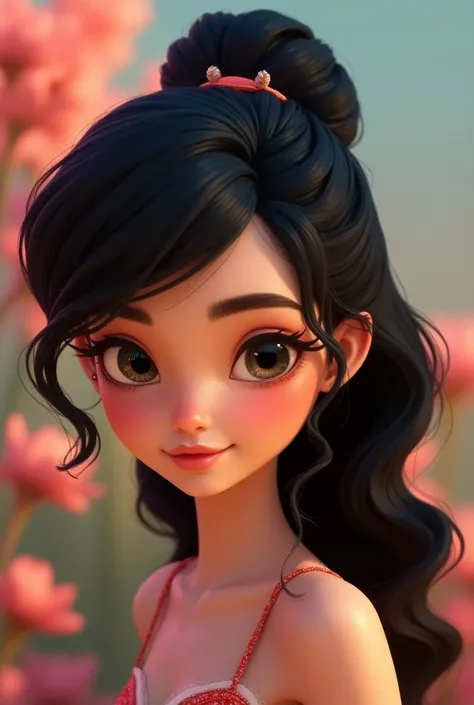 Create a pixar-like image of a very white woman with long black hair and hairstyle on one side 