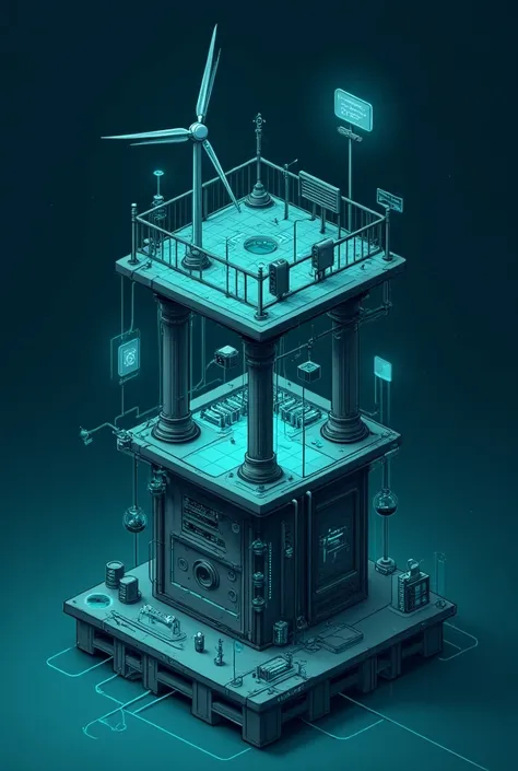 ###  Layout
- dark theme
- turquoise tones
- ** Base platform **: in the center.
- ** Support columns **:  At the corners .
- ** The air intake system **:  Fans around the base .
- **Servers **:  In the middle ,  are raised by columns .
- ** storage system...