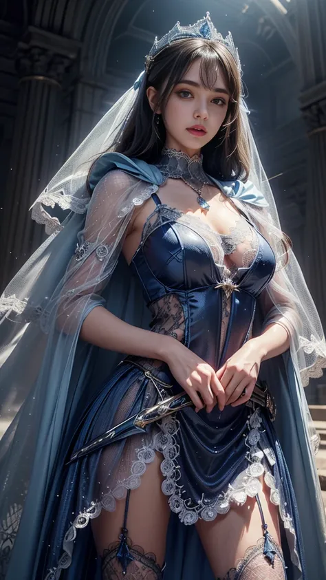 Top quality, masterpiece, ultra high definition, Original photo, 1 Girl, ((mesh sardine)), cinematic lighting, very long hair, detailed eyes, small breasts, wind, necklace, piercing, ((sindrella costume)), ((mesh costume:1.4)), ((blue costume)), ((soft lac...