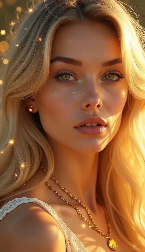 Create a high-detail portrait of an ethereal woman with long, flowing blonde hair infused with golden sparkles, capturing a magical, radiant look. She has a gentle, captivating expression with softly bold makeup, including prominent brows, warm eyeshadow, ...