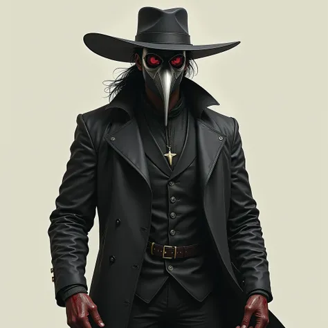 High Resolution, Best Quality, 1 male, plague doctor, Anatomically Correct, Hair: Raven black, shoulder-length, tied back in a loose ponytail, wears: : A long and waxed leather coat, polished metal plague doctor mask with tinted lenses, mask, blood-stained...