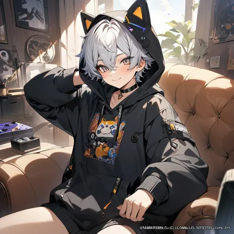 Boy is gamer theme々）,cute cool , black shaped choker, (masterpiece, highest quality), official art, beautiful and aesthetic: 1.2), (1 boy), very detailed, (gamer art: 1.3), black colorful, white short hair gold eyes, hoodie ,  cute face canine ,  sitting, ...