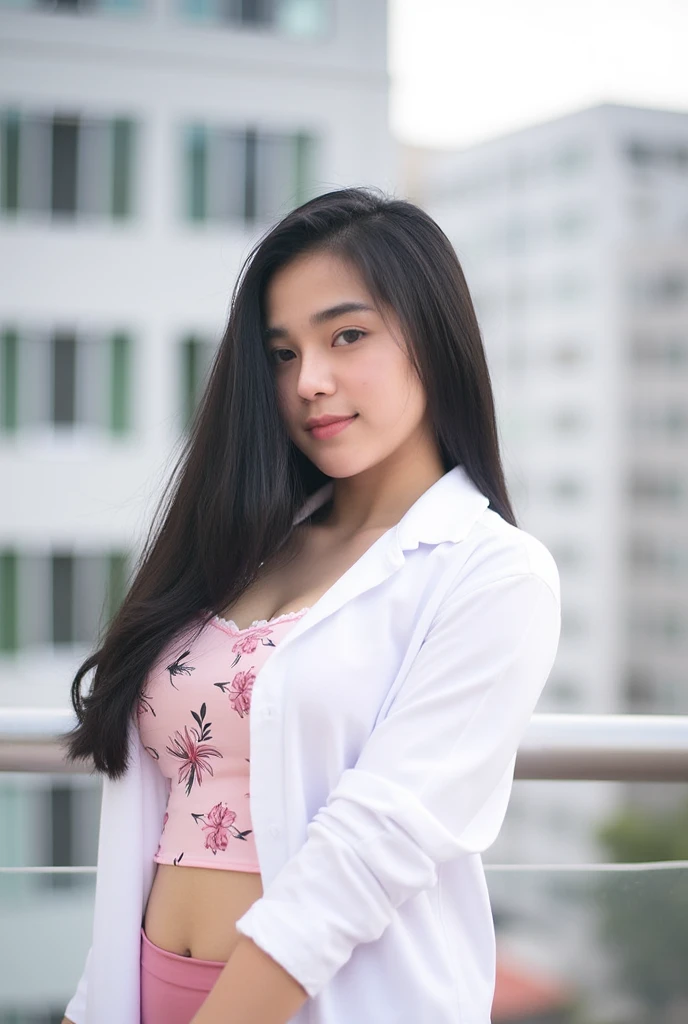 A beautiful thai woman 18 years old on an outdoor balcony in a modern urban setting. She has a calm, pleasant expression and is wearing Mahalai uniform,white short sleeve shirt, a partially unbuttoned short-sleeve white shirt, revealing a pink cute bra wit...