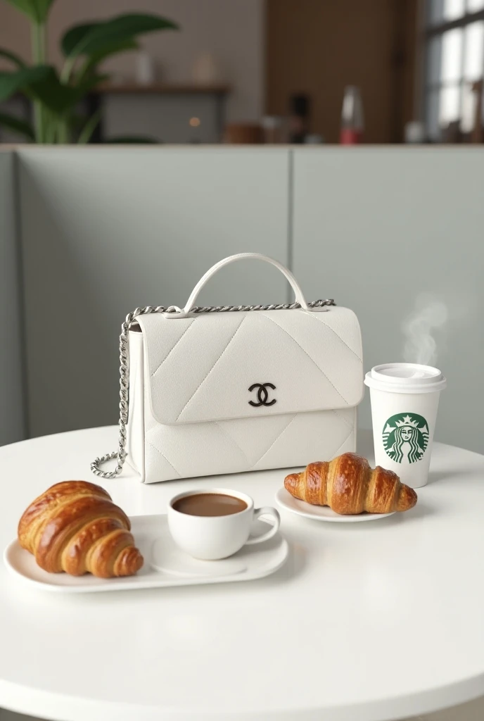  a white table with a white Chanel bag and a cup of Starbucks coffee on top,two croissants in a modern coffee shop in Milan 