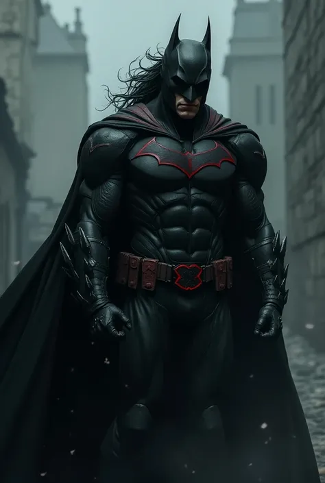 Gothic Batman with big hair and his uniform must be black with red details in the medieval era and with red leather gloves on his batmobile which is a carriage 