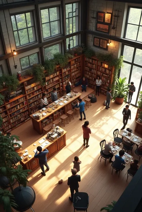 Layout of a bookstore, coffee shop, large view from above with food counter