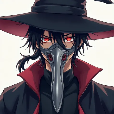 High Resolution, Best Quality, 1 male, plague doctor, Anatomically Correct, Hair: Raven black, shoulder-length, tied back in a loose ponytail, wears: : plague doctor attire , polished metal plague doctor mask with tinted lenses, mask,wide brimmed hat, port...