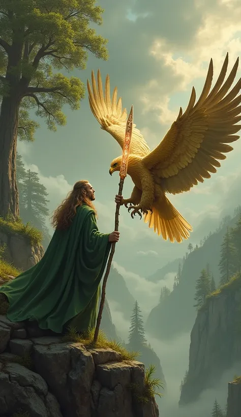 . Celtic Druid vs. Giant Eagle
An epic artwork showing a Celtic druid, cloaked in green robes and holding a staff adorned with runes, confronting a massive golden eagle on a cliffside forest. The druid’s staff glows with ancient magic, while the eagle, wit...