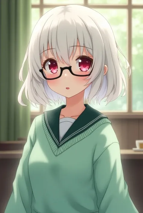 Eris is a girl with short wavy pearly white hair, ruby ​​red eyes, pink lips, porcelain white skin, a slim build, and medium-sized breasts. She wears black glasses and a Japanese schoolgirl uniform with a large mint green sweater. Anime style