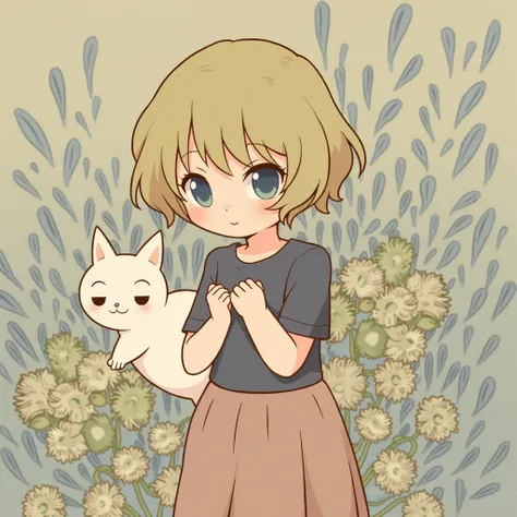 1girl,cute,navy blue shirt,green wavy short hair,white cat on shoulder, green flowers and blue colors scattered around,simple style, flat coloring, minimalistic