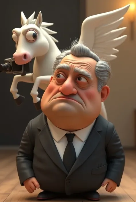 Disney Pixar style 3d adult man sturdy gray hair with frog face color and haughty look
 Tie suit scared by a white winged horse with a camera