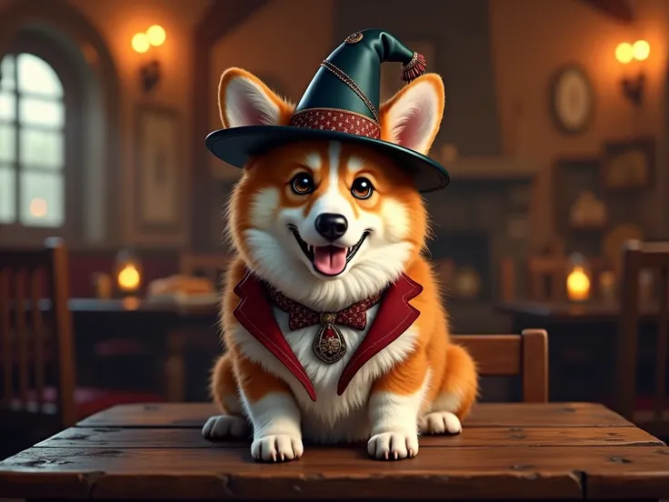 a corgi wearing a magicians hat is relaxing in a tavern