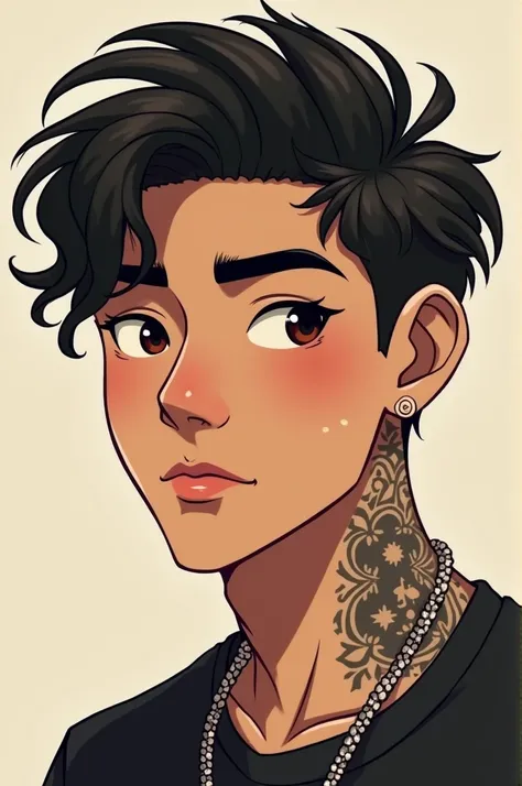 I want a cool male character, aged 19-20, with a little wavy hair in his face, an Asian guy who doesnt touch his eyes, his eyes are not friendly, he has a funny day under his right eye, his face, his nose, he has tattoos on his neck, his face, and his stri...