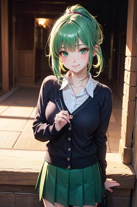 ( Best Quality, Hi-Res,8k,inelity detailed background, Masterpiece:1.2), Beautiful Girl,(Shiny green hair:1.3),(long hair:1.2) ,pony tail,Beautiful green eyes,Big Breasts,autumn,school uniform,black cardigan,skirt,black tights,(zettairyoiki:1.2),Gentle loo...