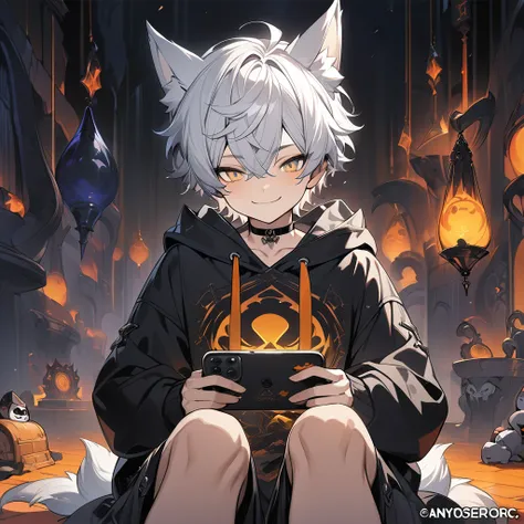 Boy is playing mobile game 々）,cute cool , black shaped choker, (masterpiece, highest quality), official art, beautiful and aesthetic: 1.2), (1 boy), very detailed, (dark art: 1.3), black colorful, white short hair gold eyes, hoodie ,  cute face canine ,  s...