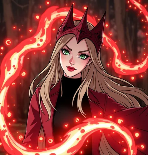  I want to be in the Naruto universe ,  I want to make a story , Wanda Maximoff the Scarlet Witch. * the appearance of Wanda She has an oval face ,  with pronounced cheekbones and a defined jaw .
 Her eyes are jade green , with long eyelashes.
Her eyebrows...