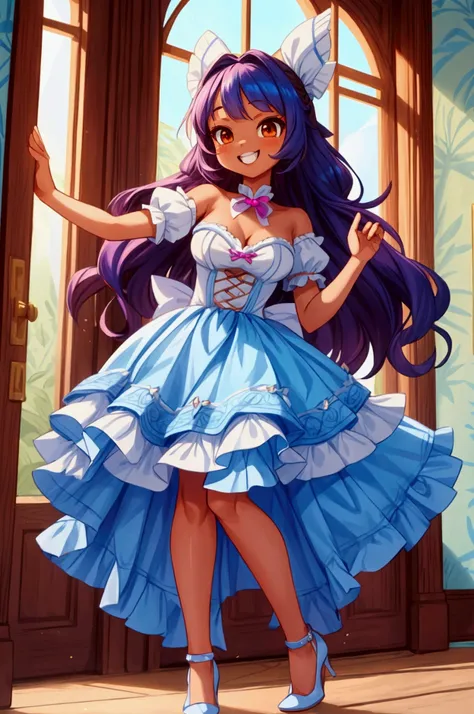 (Masterpiece, best quality) 1 girl, standing indoors with intricate details and sunlight, blue and white frilled dress with short neckline, white high heel shoes,magenta long hair, orange eyes, blue ribbon in hair, brown skin, sexy smile, confidense attitu...