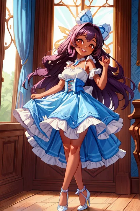 (Masterpiece, best quality) 1 girl, standing indoors with intricate details and sunlight, blue and white frilled dress with short neckline, white high heel shoes,magenta long hair, orange eyes, blue ribbon in hair, brown skin, sexy smile, confidense attitu...