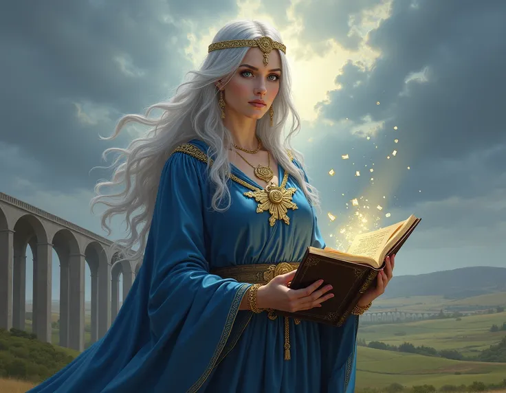 Castle,  the Goddess of Oaths and Promises ,  she is an imposing and solemn figure ,  radiating an aura of serenity determination and determination . Her silver hair, smooth and long,  fall softly down her back ,  reflecting the soft light as if each threa...