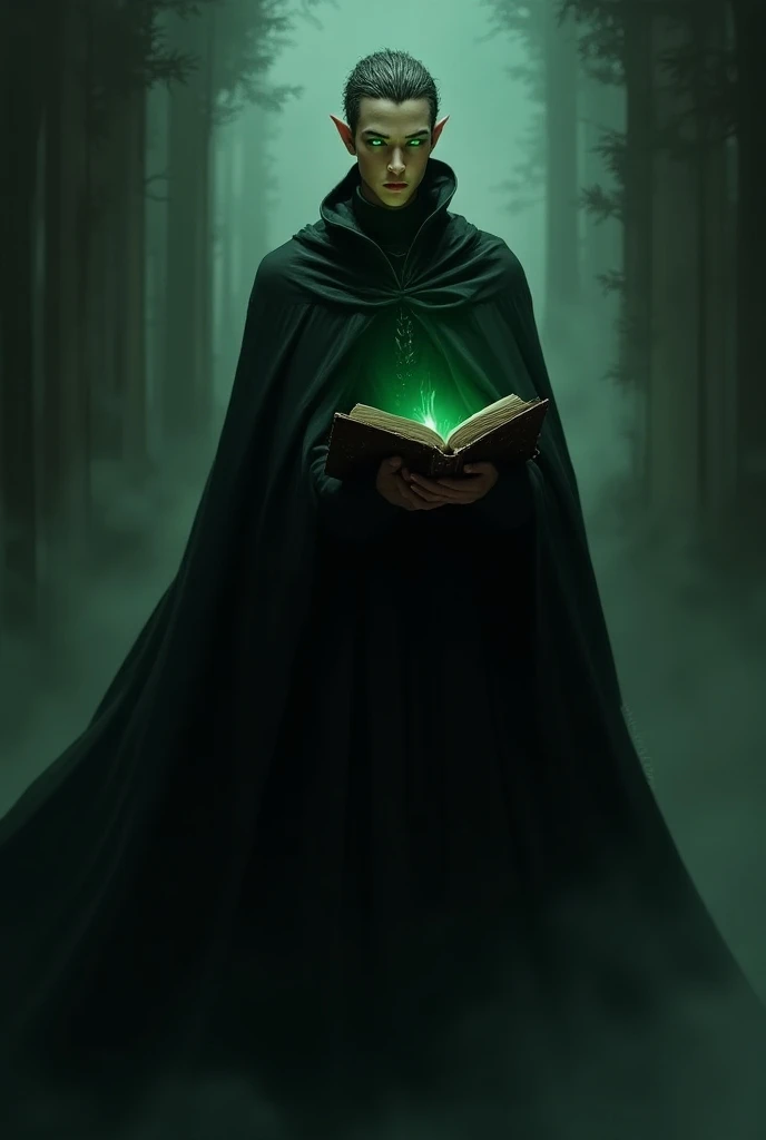 Create me a male wizard elf with short curly hair white emerald green eyes holding a magic book in his hand. Ha un vestito mantello nero molto Dudder ed inquietante. Dudder. Moon Elf