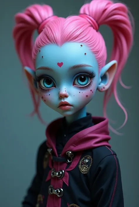 An alien with blue skin  , with pink hair {x} that hairdo are two things,  blue eyes in the shape of an almond  , un visage mignon dun belle fille avec des marques en forme de coeur, et porte une conversation noir et rose , elle a des oreilles humains 