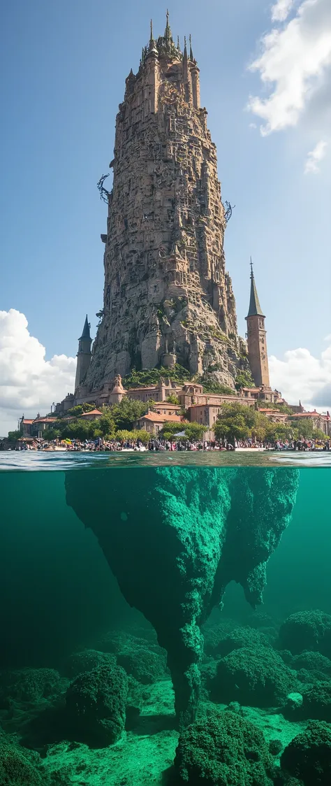 conceptual installation real art, huge tower of babel with a northern renaissance-style, beautiful emerald green sea half-sunken...