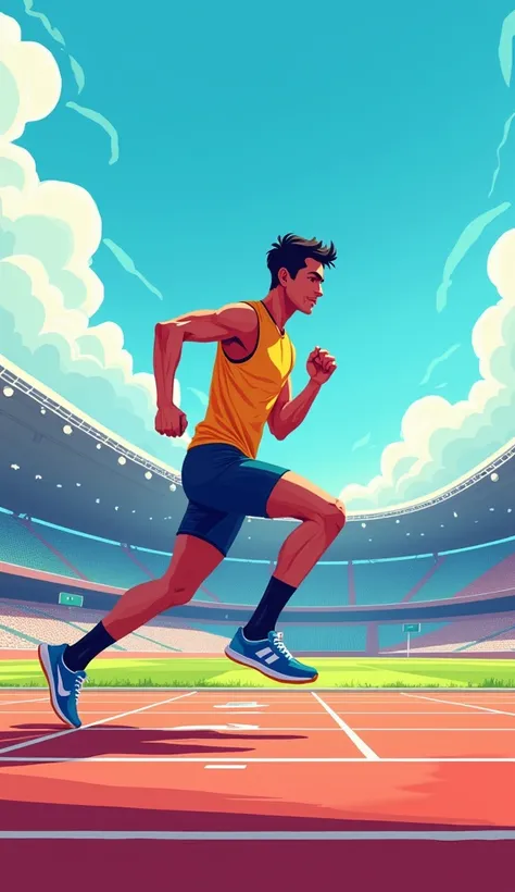 "Illustration of a sports scene for a stamina race in 9:16 aspect ratio, featuring an athlete running with a steady pace, showing determination and endurance. The background includes an athletics track and stadium with a clear blue sky, creating a vibrant ...