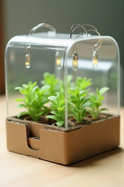 A simple model of an indoor plant cultivation setup. The model has a basic cardboard or foamboard base with short walls on three sides, representing a small greenhouse. In the center, place a few small foam or clay pots to represent plants. Above the plant...