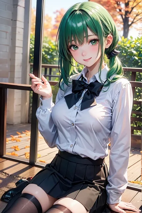 ( Best Quality, Hi-Res,8k,inelity detailed background, Masterpiece:1.2), Beautiful Girl,(Shiny green hair:1.3),(long hair:1.2) ,pony tail,Beautiful green eyes,Big Breasts,autumn,school uniform,black cardigan,skirt,black tights,(zettairyoiki:1.2),Gentle loo...