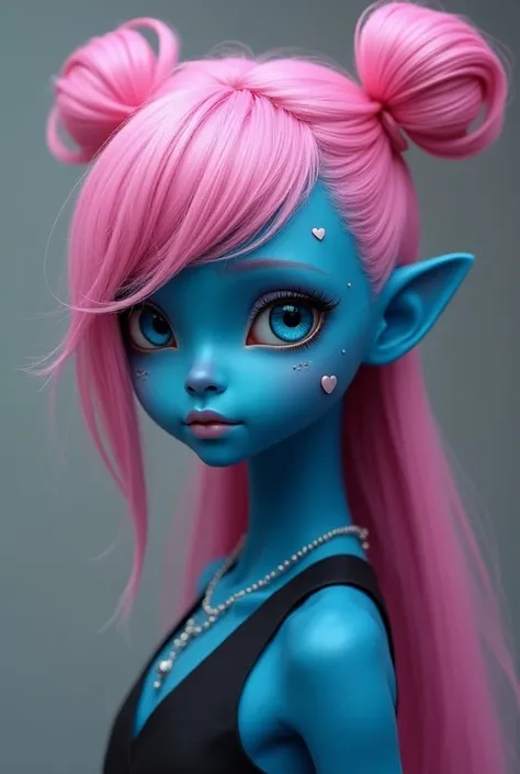 An alien with blue skin  , with pink hair {x} that hairdo are two things,  blue eyes in the shape of an almond  , un visage dun belle fille avec des marques en forme de coeur, et porte une conversation noir et rose , elle a des oreilles humaines 