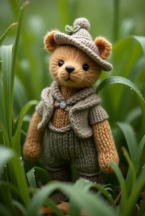  Knitted teddy bear ,  Small anthropomorphic animal , with hat and 17th-century antique clothing,  Macro photograph on thick grass ,  Dewdrops that reflect the environment., Super detailed toy , You can see each wool in the toy., You can see each stitch in...